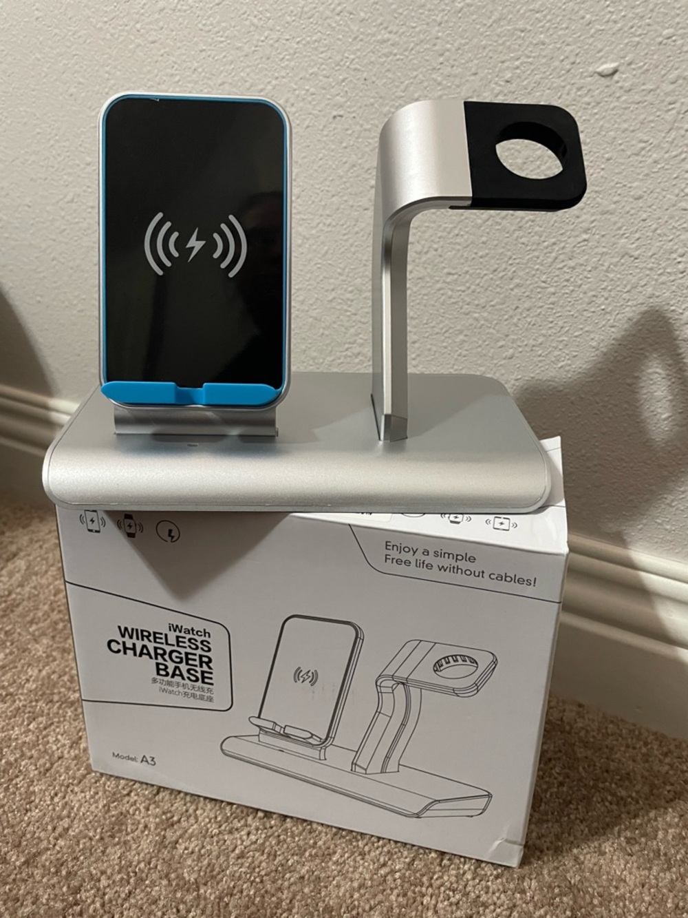 Silver Wireless Charging Stand with Blue Accents